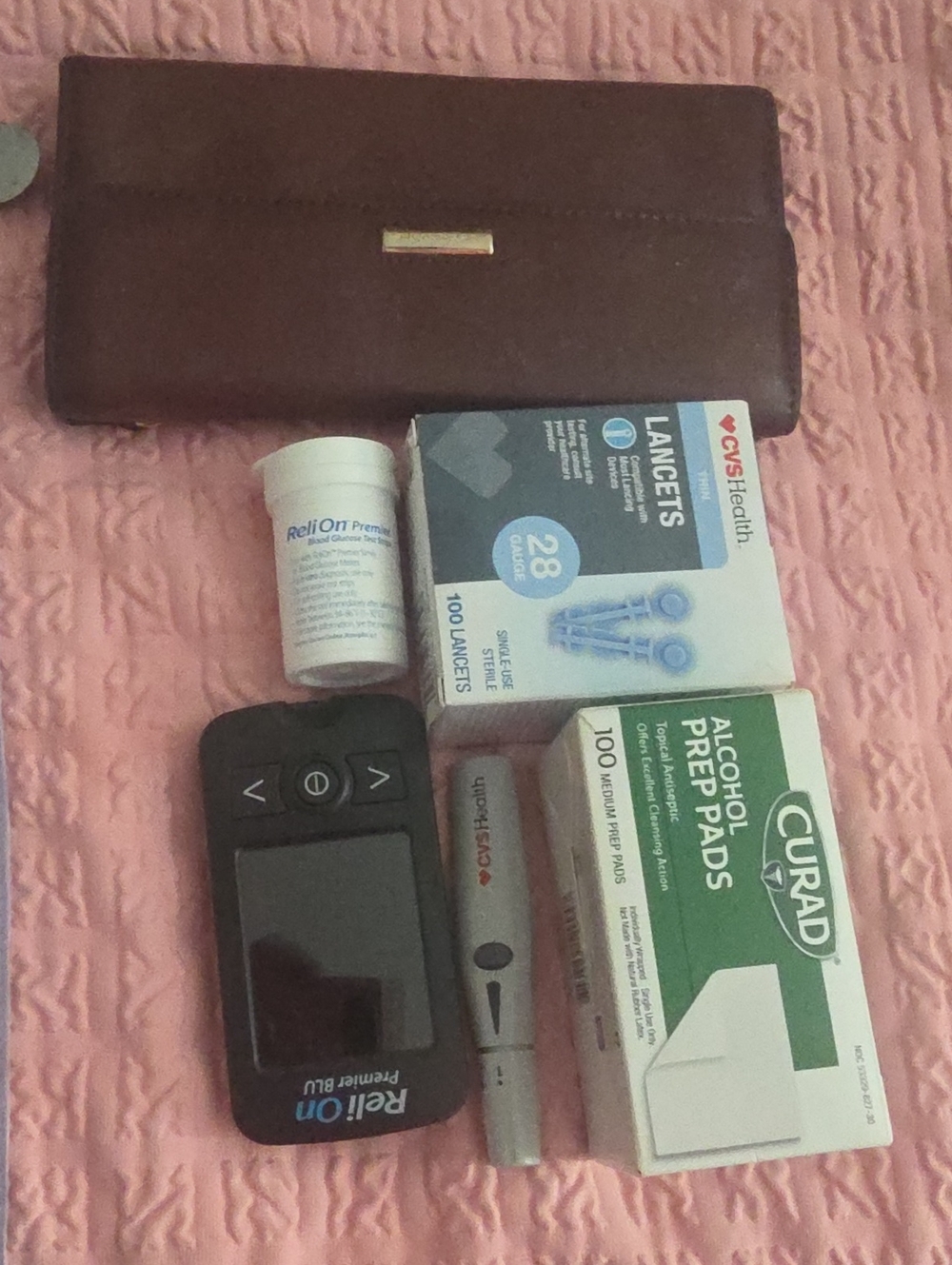 Brown Leather Wallet with Diabetes Test Kit - Brown
